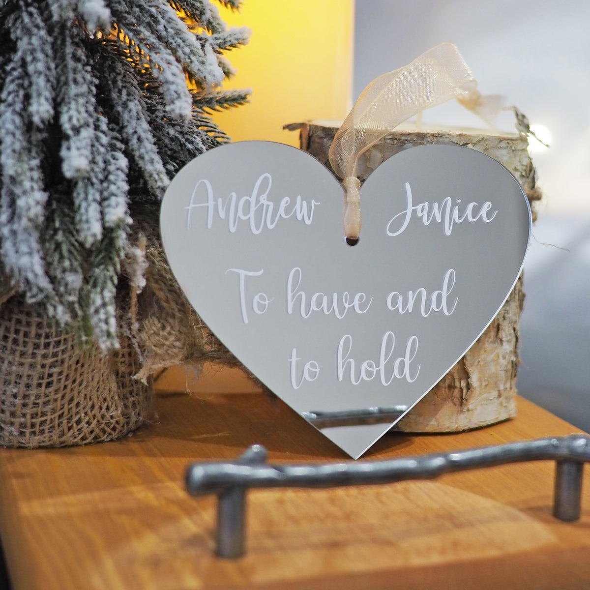 Template 4 - Couple names + words. Names and words at the bottom can be changed. aChristmas Heart Shape Mirror Ornament | A Dolce Surprise