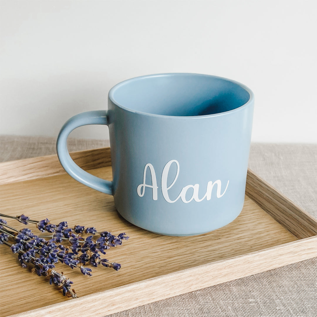 Personalized large volume mug in blue.